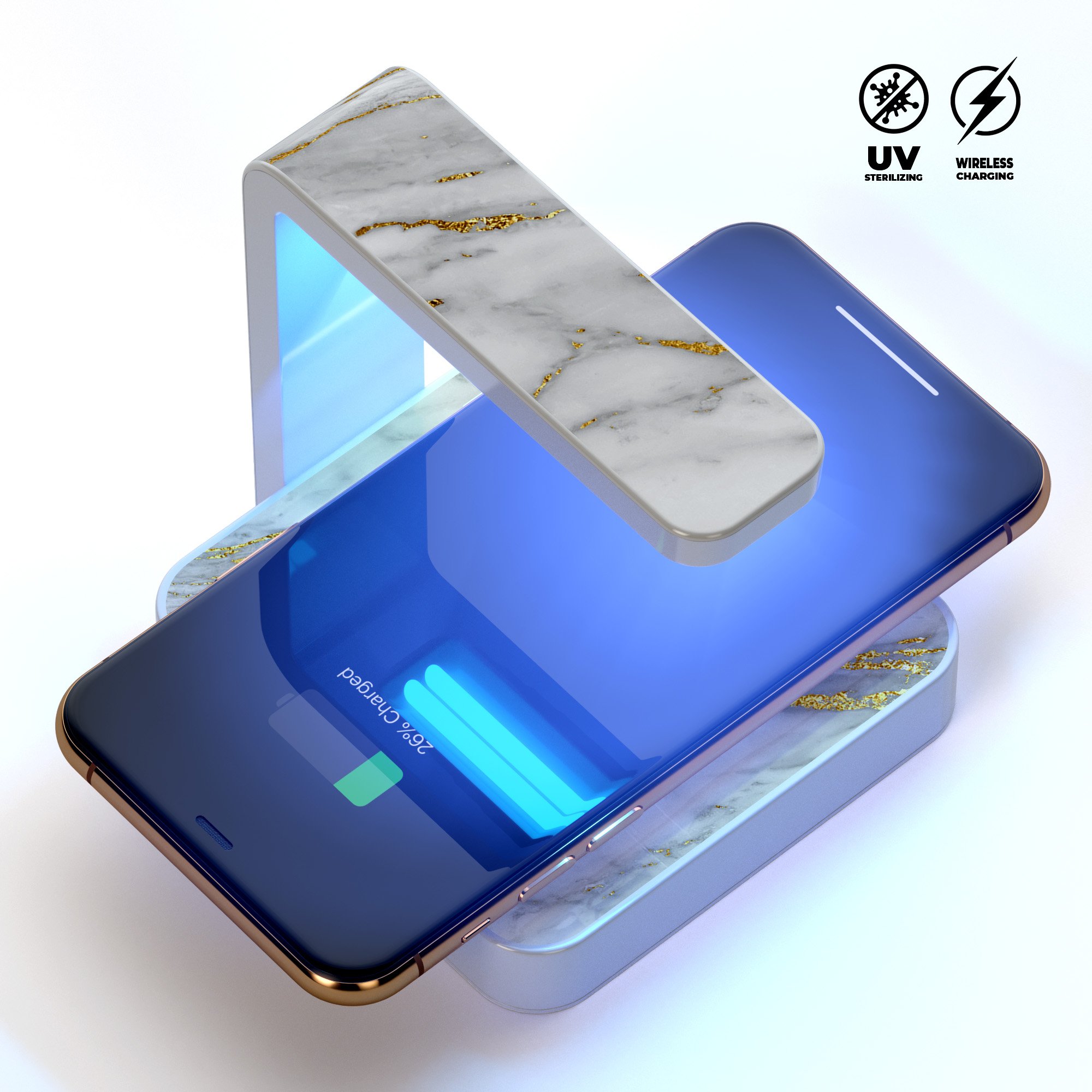 Marble & Digital Gold Foil V4 UV Germicidal Sanitizing Sterilizing charger with wireless charging feature and decorative skin-kit.